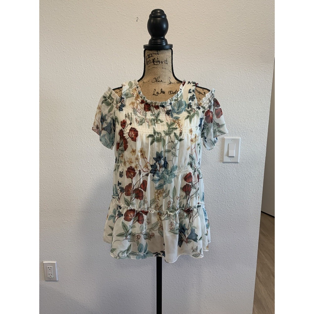 (G-209)Willow & Clay Women’s Floral Cold Shoulder Blouse Size S Boho Sheer Peplu - Picture 2 of 9